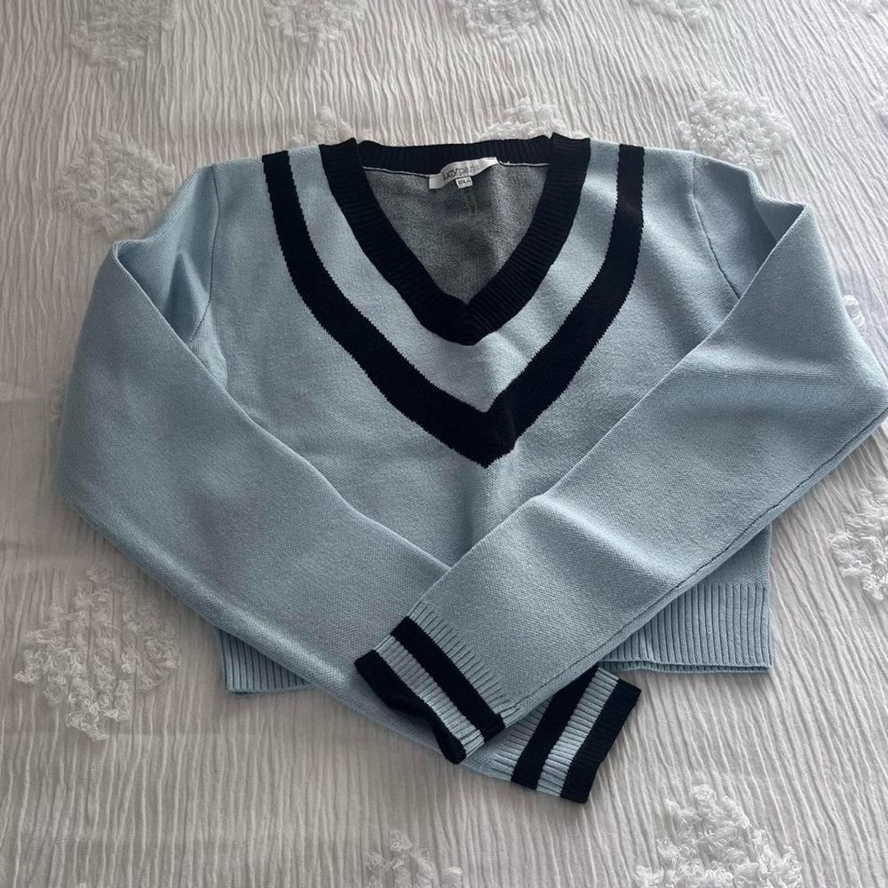 blue sweater with stripes